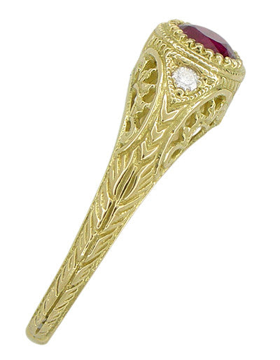 1920's Art Deco Yellow Gold Ruby Filigree Engagement Ring with Side Diamonds - Item: R189Y14 - Image: 5