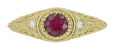 1920's Art Deco Yellow Gold Ruby Filigree Engagement Ring with Side Diamonds - Item: R189Y14 - Image: 6