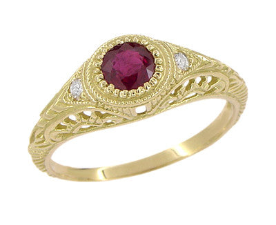 1920's Art Deco Yellow Gold Ruby Filigree Engagement Ring with Side Diamonds - Item: R189Y14 - Image: 2
