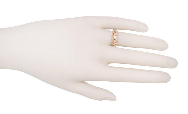 Edwardian Scroll Filigree White Sapphire Ring in 14 Karat Rose Gold - Item: R197RPWS - Image: 3