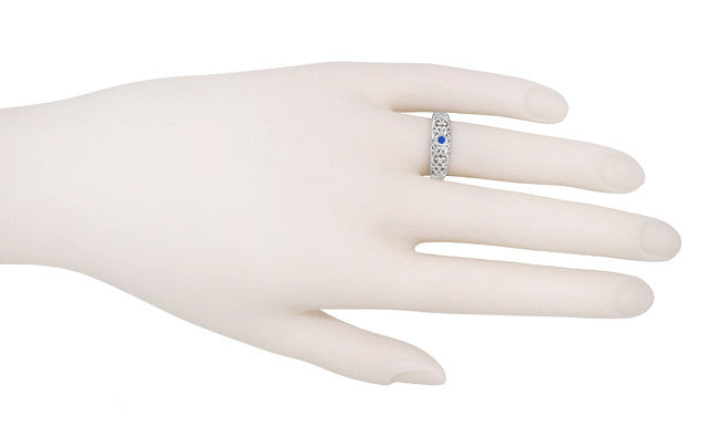 Edwardian Filigree Blue Sapphire Ring in 14 Karat White Gold - Item: R197S - Image: 3