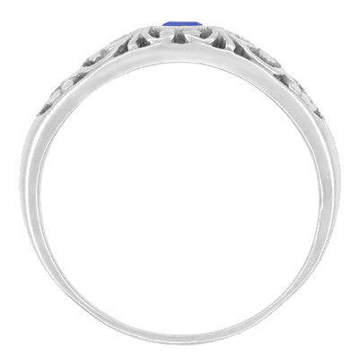 Edwardian Filigree Blue Sapphire Ring in 14 Karat White Gold - Item: R197S - Image: 2