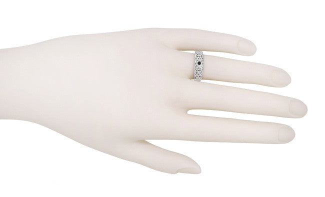 Edwardian Filigree Black Diamond Ring in 14 Karat White Gold - Item: R197WBLD - Image: 3