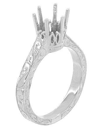 Art Deco Platinum 1.50 - 1.75 Carat Crown Engagement Ring Setting with Scroll Engraving for a Round Stone 7mm - 8mm - Item: R199P150 - Image: 4