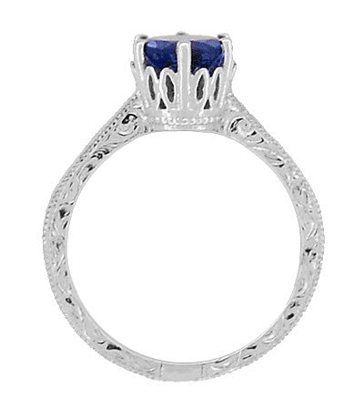 Platinum Filigree Art Deco Crown Solitaire 1.5 Carat Blue Sapphire Engagement Ring - Engraved Scroll Design - Item: R199P1S - Image: 4