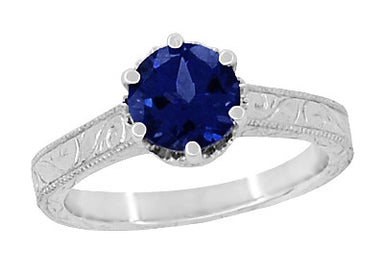 Platinum Filigree Art Deco Crown Solitaire 1.5 Carat Blue Sapphire Engagement Ring - Engraved Scroll Design - alternate view