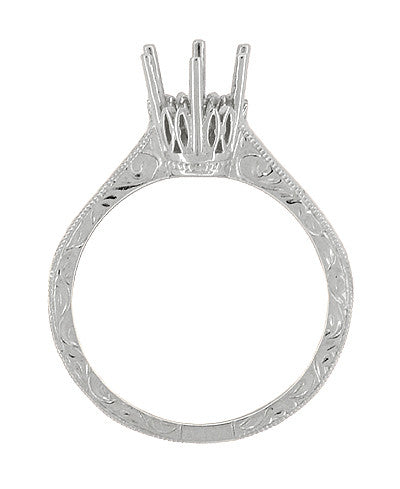 Side of Filigree Crown Mount and Hand Carved Pattern on Platinum Antique Solitaire Ring Setting for a 0.75 Ct Diamond - R199P75