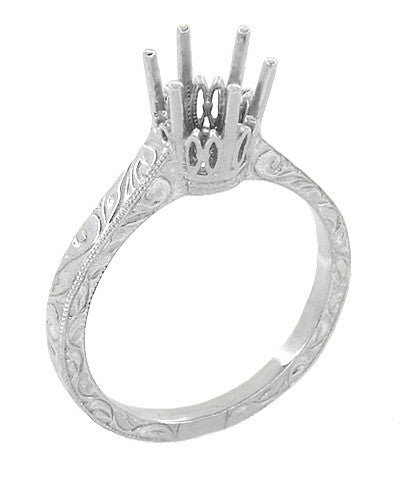 Art Deco Platinum 6 Prong Crown Setting for a 3/4 Carat Round Diamond with Vintage Scroll Engraving on Band - R199P75