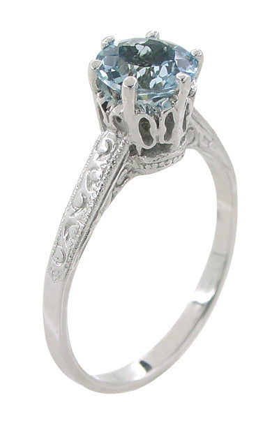 Art Deco Filigree Crown 1 Carat Aquamarine Engagement Ring in Platinum - Item: R199PA - Image: 2