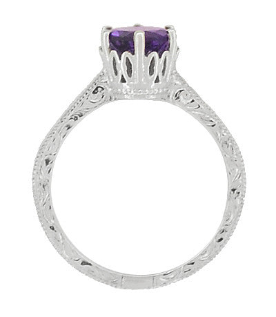 Art Deco Crown Filigree Scrolls Amethyst Engagement Ring in Platinum - Item: R199PAM - Image: 4