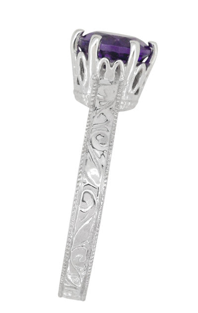 Art Deco Crown Filigree Scrolls Amethyst Engagement Ring in Platinum - Item: R199PAM - Image: 5