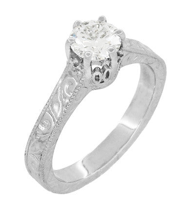 Art Deco Crown Filigree Scrolls Engraved 3/4 Carat Solitaire Diamond Engagement Ring in Platinum - Item: R199PD75-LC - Image: 3