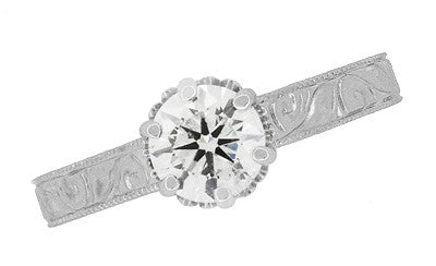 Art Deco Crown Filigree Scrolls Engraved 3/4 Carat Solitaire Diamond Engagement Ring in Platinum - Item: R199PD75-LC - Image: 5