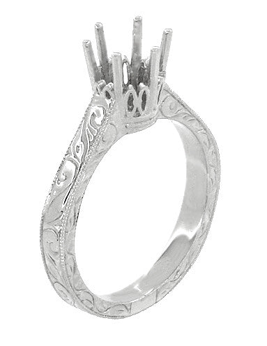 Art Deco Engraved 950 Palladium 3/4 Carat Crown Engagement Ring Setting - Item: R199PDM75 - Image: 4