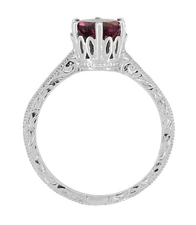 Platinum Art Deco Filigree Scrolls 1.5 Carat Rhodolite Garnet Crown Solitaire Engagement Ring - Item: R199PG - Image: 4