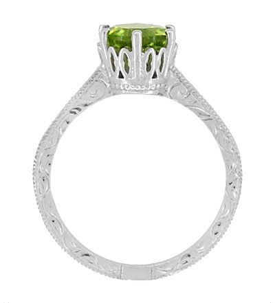 Platinum Engraved Scrolls Art Deco Filigree Crown Solitaire Peridot Engagement Ring - Item: R199PPER - Image: 6