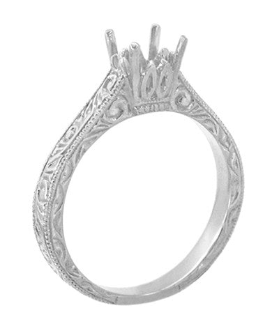 Art Deco 1/2 Carat Crown Scrolls Filigree Engagement Ring Setting in 14 or 18 Karat White Gold - Item: R199PRW50K14 - Image: 4
