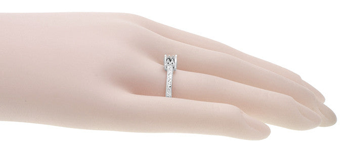 Art Deco 3/4 Carat Scroll Engraved Castle Filigree Engagement Ring Setting in White Gold - Item: R199PRW75K14 - Image: 7