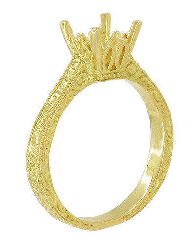 Art Deco Yellow Gold 1 - 1.50 Carat Crown Scrolls Filigree Engagement Ring Setting - Item: R199PRY1K14 - Image: 4