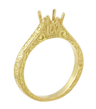 Art Deco Crown Scrolls Filigree 1/3 Carat Ring Setting in 18 or 14 Karat Yellow Gold - Item: R199PRY14K33 - Image: 4