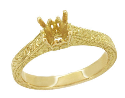 Art Deco Crown Scrolls Filigree 1/3 Carat Ring Setting in 18 or 14 Karat Yellow Gold - Item: R199PRY14K33 - Image: 2