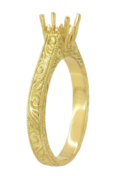Art Deco Yellow Gold Carved Scrolls Filigree Castle 1/2 Carat Engagement Ring Setting - Item: R199PRY50K14 - Image: 3