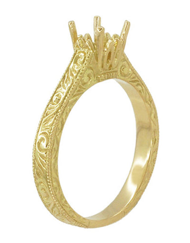 Yellow Gold Solitaire Art Deco Vintage 3/4 Carat Crown Scrolls 4 Prong Filigree Engagement Ring Setting 14K or 18K - R199PRY75