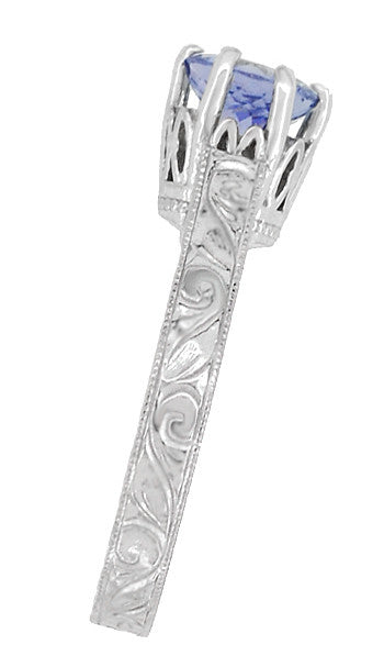 Platinum Art Deco Filigree Engraved Scrolls Crown Solitare Tanzanite Engagement Ring - Item: R199PTA - Image: 5