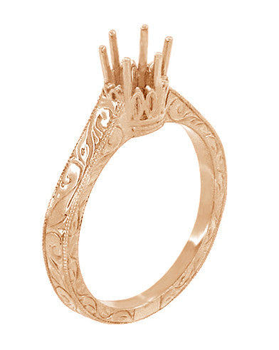 Art Deco Filigree Scrolls 14 Karat Rose Gold 1/2 Carat Crown Engagement Ring Setting - Item: R199R50 - Image: 4