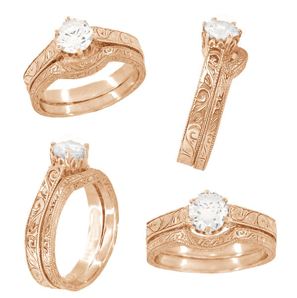 Art Deco Filigree Scrolls 14 Karat Rose Gold 1/2 Carat Crown Engagement Ring Setting - Item: R199R50 - Image: 5