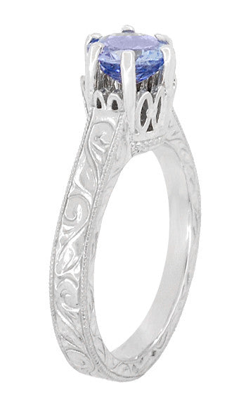 Art Deco Carved Filigree Scrolls Crown Tanzanite Solitaire Engagement Ring in 18 Karat White Gold - Item: R199TA - Image: 4