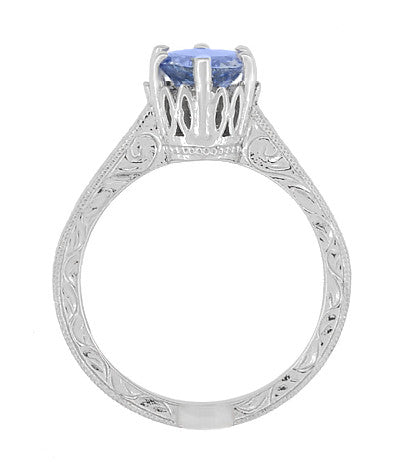 Art Deco Carved Filigree Scrolls Crown Tanzanite Solitaire Engagement Ring in 18 Karat White Gold - Item: R199TA - Image: 6