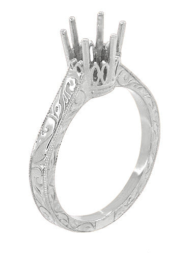 Art Deco 1 Carat Crown Filigree Scrolls Engagement Ring Setting in White Gold - 6.5mm Round Mount - Item: R199W1K14 - Image: 4