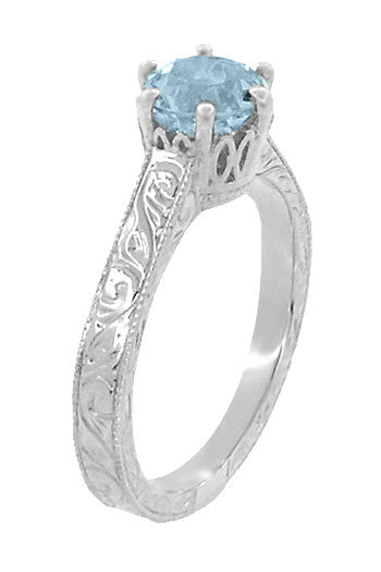 Art Deco Crown Filigree Scrolls 1 Carat Solitaire Aquamarine Engraved Engagement Ring in 18 Karat White Gold - Item: R199W1A - Image: 2