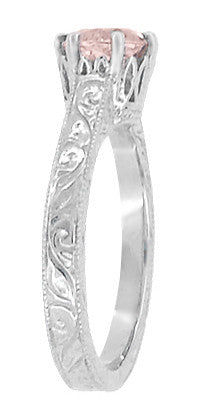 Art Deco Crown Filigree Scrolls 1 Carat Morganite Engraved Engagement Ring in 18 Karat White Gold - Item: R199W1M - Image: 3