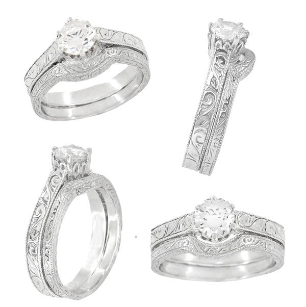Art Deco Filigree Scrolls 1/4 Carat Crown Engagement Ring Setting in White Gold - Item: R199W14K25 - Image: 5