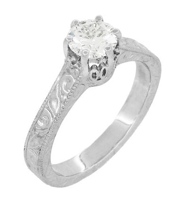 Filigree Art Deco Crown Solitaire 0.65 Carat White Sapphire Engagement Ring in 14 Karat White Gold - Carved Scrolls Design