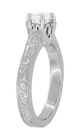 Filigree Art Deco Crown Solitaire 0.65 Carat White Sapphire Engagement Ring in 14 Karat White Gold - Carved Scrolls Design - Item: R199W50WS - Image: 4