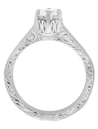 Filigree Art Deco Crown Solitaire 0.65 Carat White Sapphire Engagement Ring in 14 Karat White Gold - Carved Scrolls Design - Item: R199W50WS - Image: 3