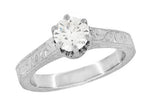 Filigree Art Deco Crown Solitaire 0.65 Carat White Sapphire Engagement Ring in 14 Karat White Gold - Carved Scrolls Design