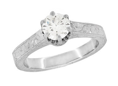 Filigree Art Deco Crown Solitaire 0.65 Carat White Sapphire Engagement Ring in 14 Karat White Gold - Carved Scrolls Design - alternate view