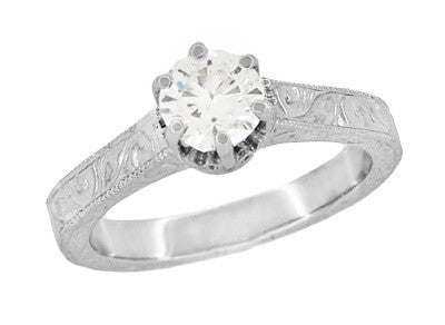 Filigree Art Deco Crown Solitaire 0.65 Carat White Sapphire Engagement Ring in 14 Karat White Gold - Carved Scrolls Design - Item: R199W50WS - Image: 2