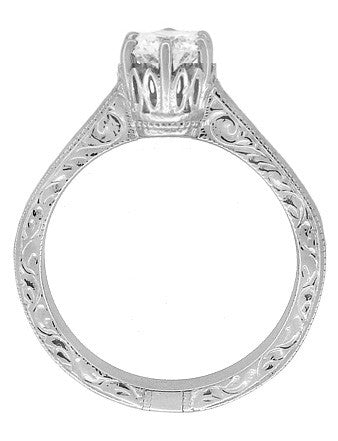Filigree Scrolls Art Deco Crown Engraved 1 Carat White Sapphire Engagement Ring in 18 Karat White Gold - Item: R199W75WS - Image: 3