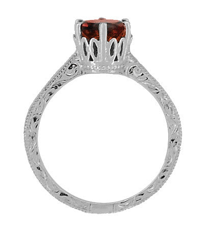 Art Deco Engraved Scrolls 1.5 Carat Almandine Garnet Filigree Crown Solitaire Engagement Ring in 18 Karat White Gold - Item: R199WAG - Image: 4