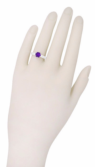 Art Deco Scrolls Regal Filigree Crown Solitaire Amethyst Engagement Ring in 18 Karat White Gold - Item: R199WAM - Image: 7