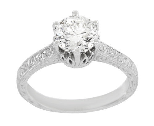Art Deco Filigree Scrolls Tiara Crown 1.27 Carat Solitaire Diamond Engraved Engagement Ring in 18 Karat White Gold - Item: R199WD125 - Image: 3