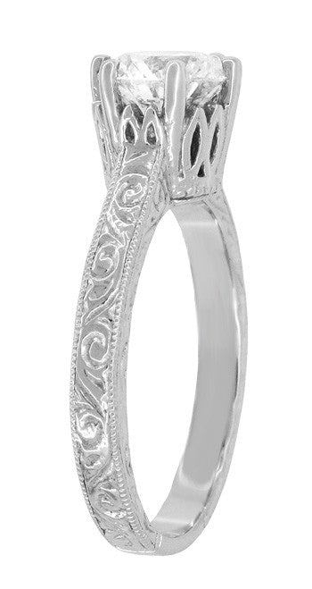 Art Deco Filigree Scrolls Tiara Crown 1.27 Carat Solitaire Diamond Engraved Engagement Ring in 18 Karat White Gold - Item: R199WD125 - Image: 4