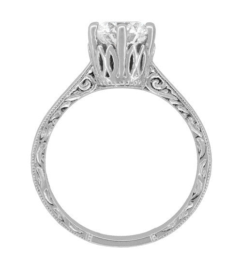 Art Deco Filigree Scrolls Tiara Crown 1.27 Carat Solitaire Diamond Engraved Engagement Ring in 18 Karat White Gold - Item: R199WD125 - Image: 5