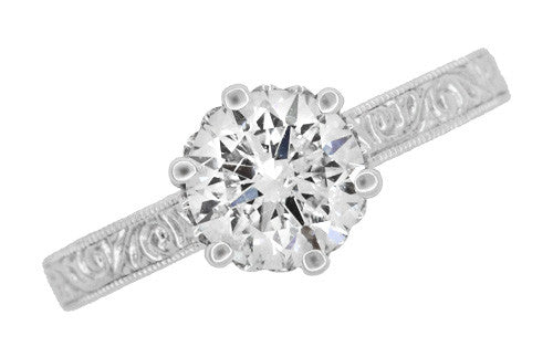 Art Deco Filigree Scrolls Tiara Crown 1.27 Carat Solitaire Diamond Engraved Engagement Ring in 18 Karat White Gold - Item: R199WD125 - Image: 6