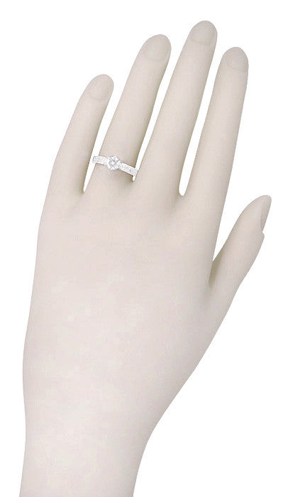 Art Deco Crown Filigree Scrolls Engraved 1/3 Carat Solitaire Diamond Engagement Ring in 18 Karat White Gold - Item: R199WD33 - Image: 5